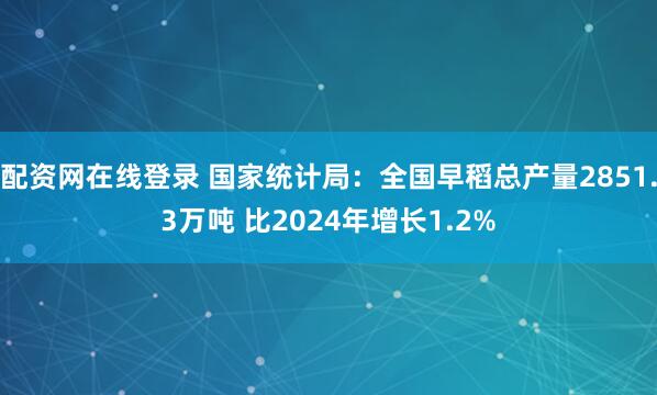 配资网在线登录 国家统计局：全国早稻总产量2851.3万吨 比2024年增长1.2%